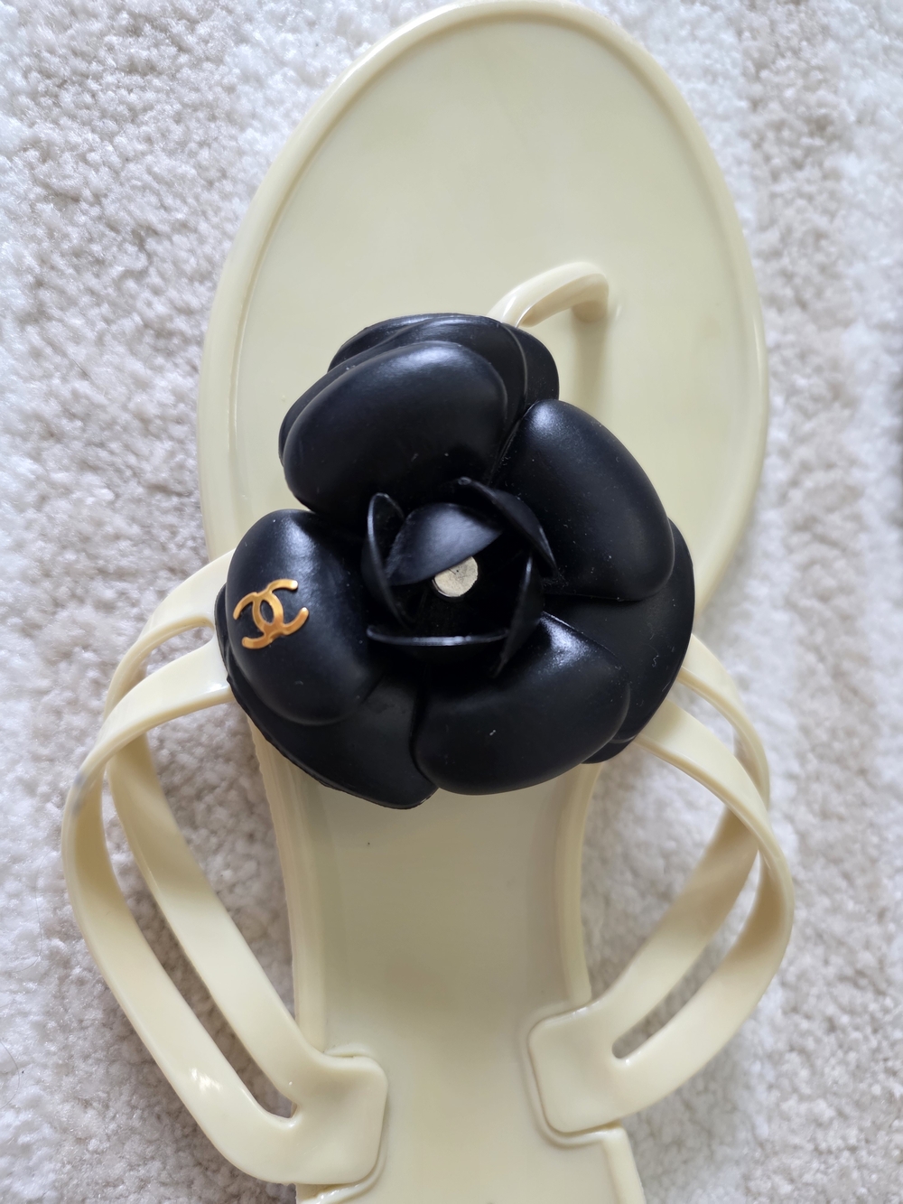 Chanel Black Camellia Jelly Sandals - Ivory Straps
